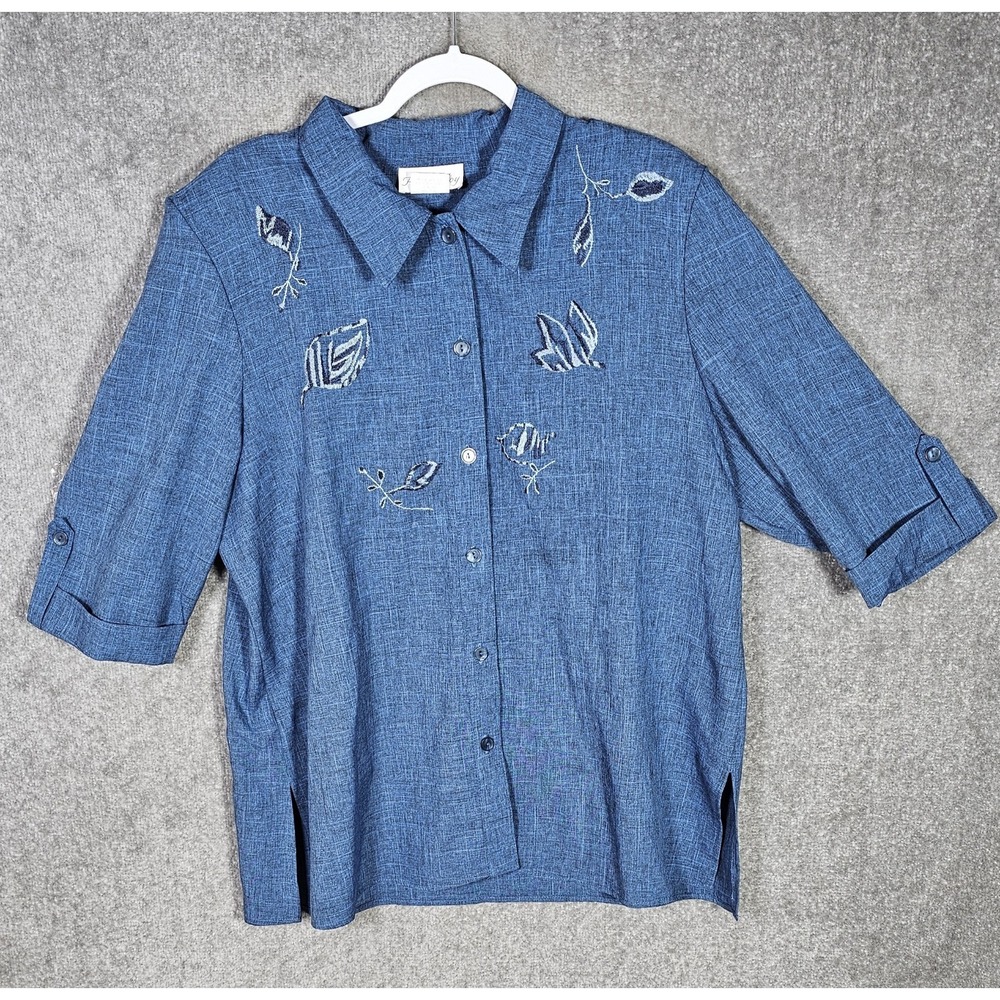 Vintage Pride & Joy Button Up Top Womens Size 18WP Blue Floral Embroidery USA